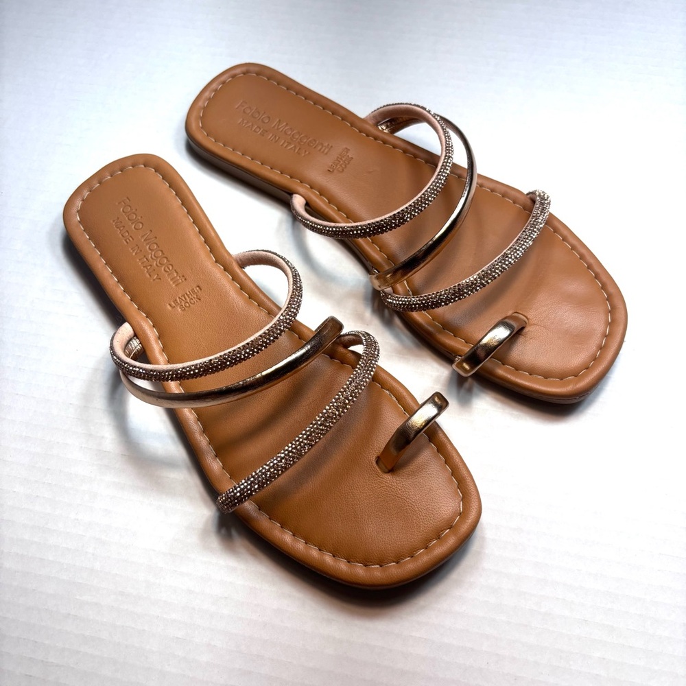 Fabio Maggeti Rhinestone Flat Sandals Rose Gold Metallic Strappy Size 9-9.5 NEW